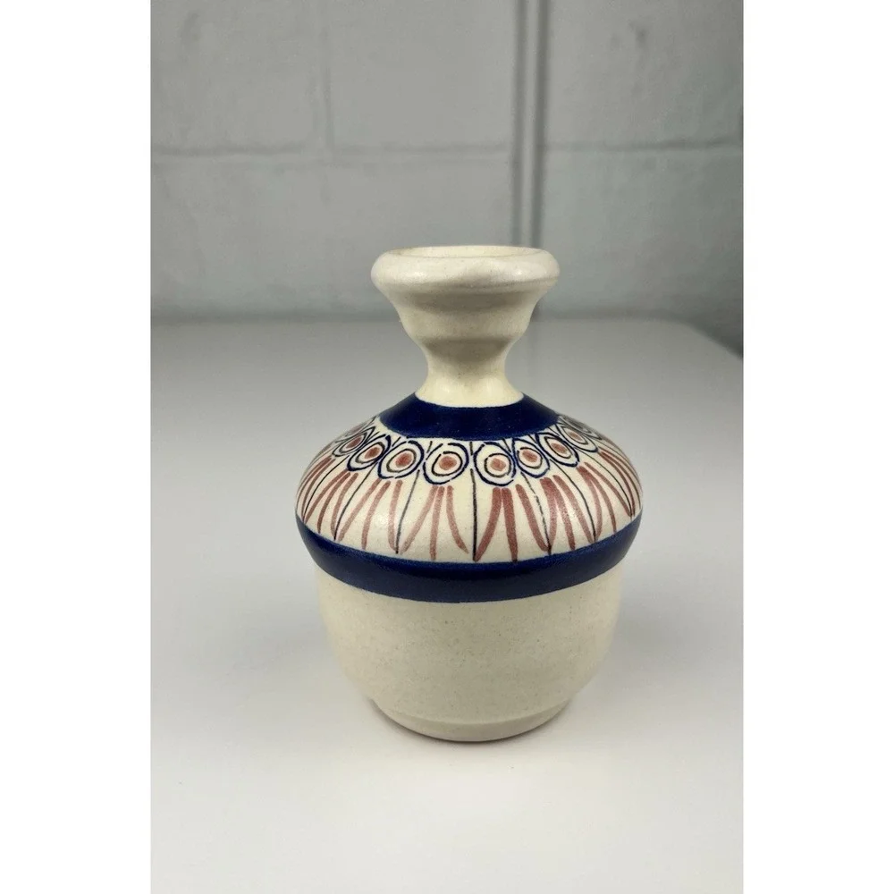 Vintage Cassetta Vietri Pottery Vase Weed Pot Cobalt Blue Red Geometric Italy 5